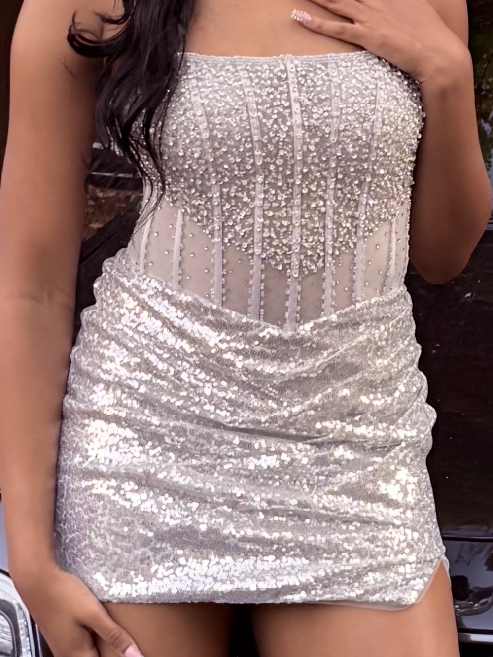 Kiss Prom Sinead Strapless Silver Sequin & Beaded Corset Mini Dress